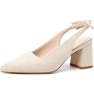 Women's Beige Pointed Closed Toe Slingback Chunky Heels Office Work Pump Shoes